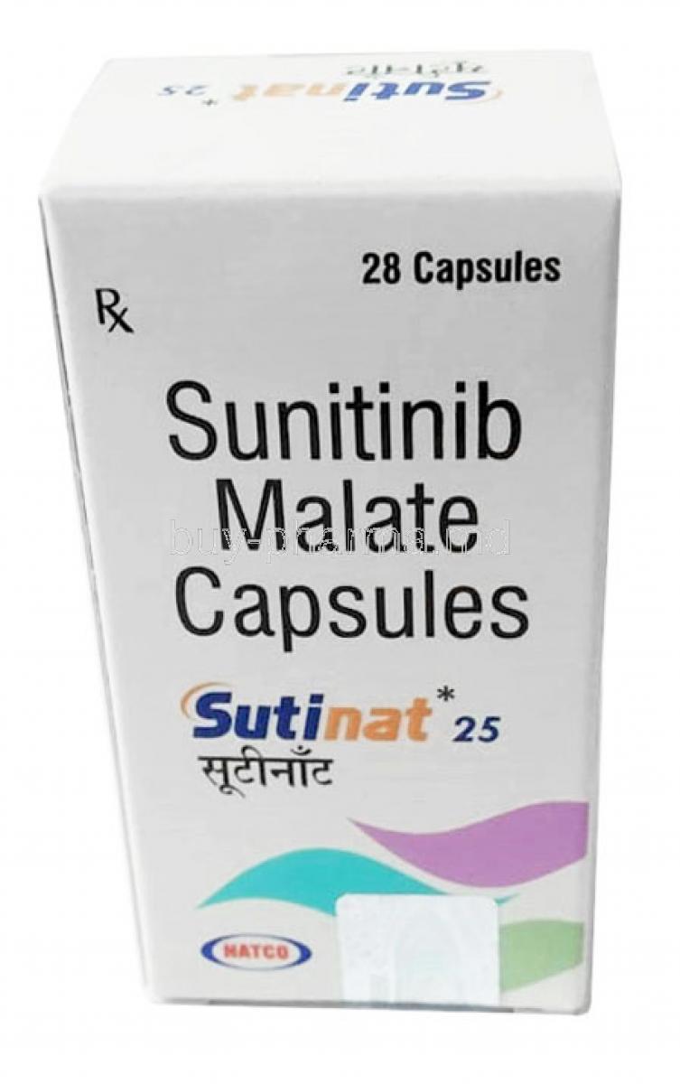 Sutinat 25, Sunitinib 25mg, 28capsules, Natco Pharma Ltd, Box front view
