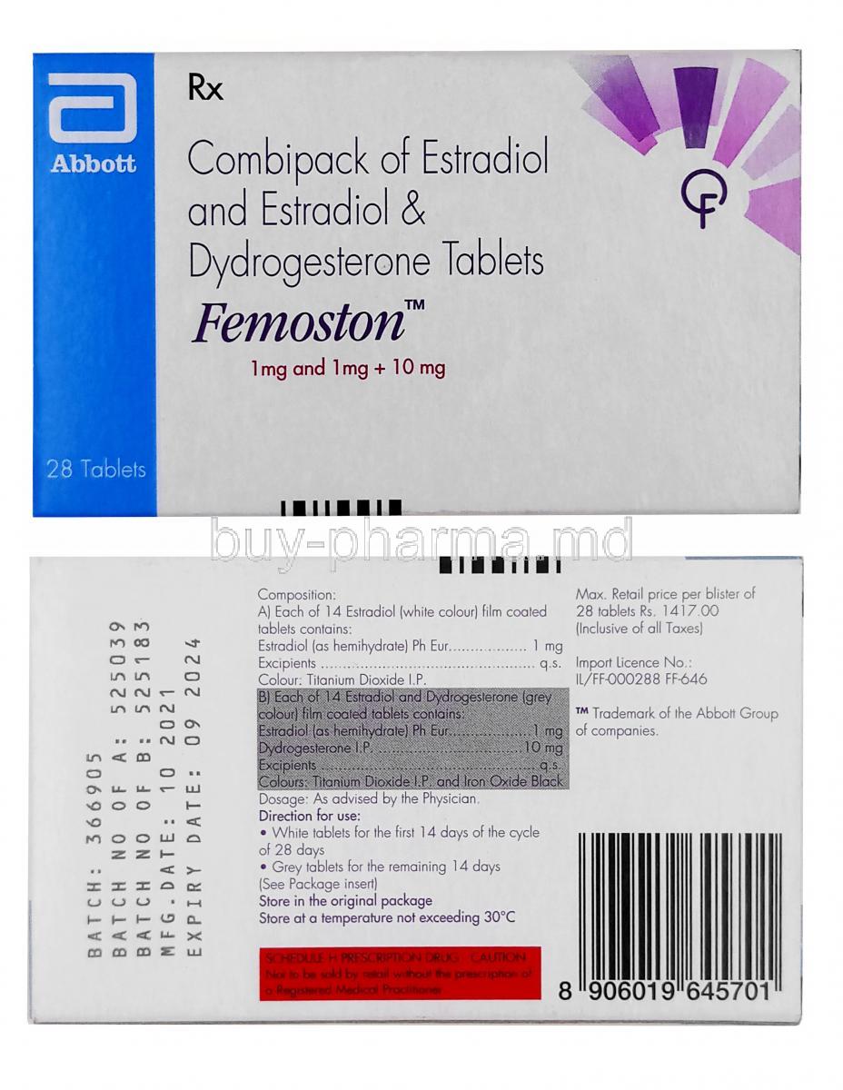 Femoston, Estradiol 1mg, Dydrogesterone 10mg, 28tablets, Abbott, Box front and back