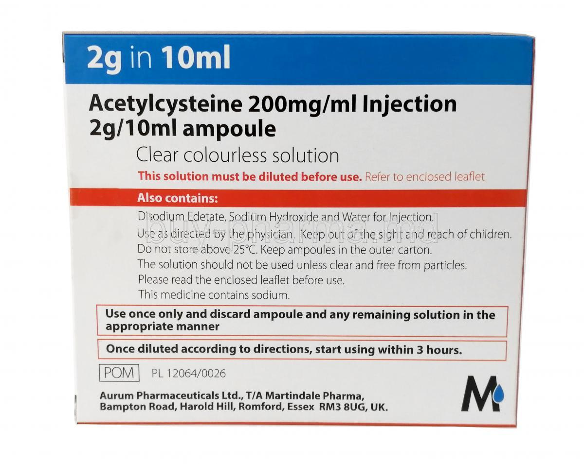 Acetylcysteine Solution for Injection, Acetylcysteine 200mg per mL,Ampule 10mL, Mucomyst, Box information, Direction for use