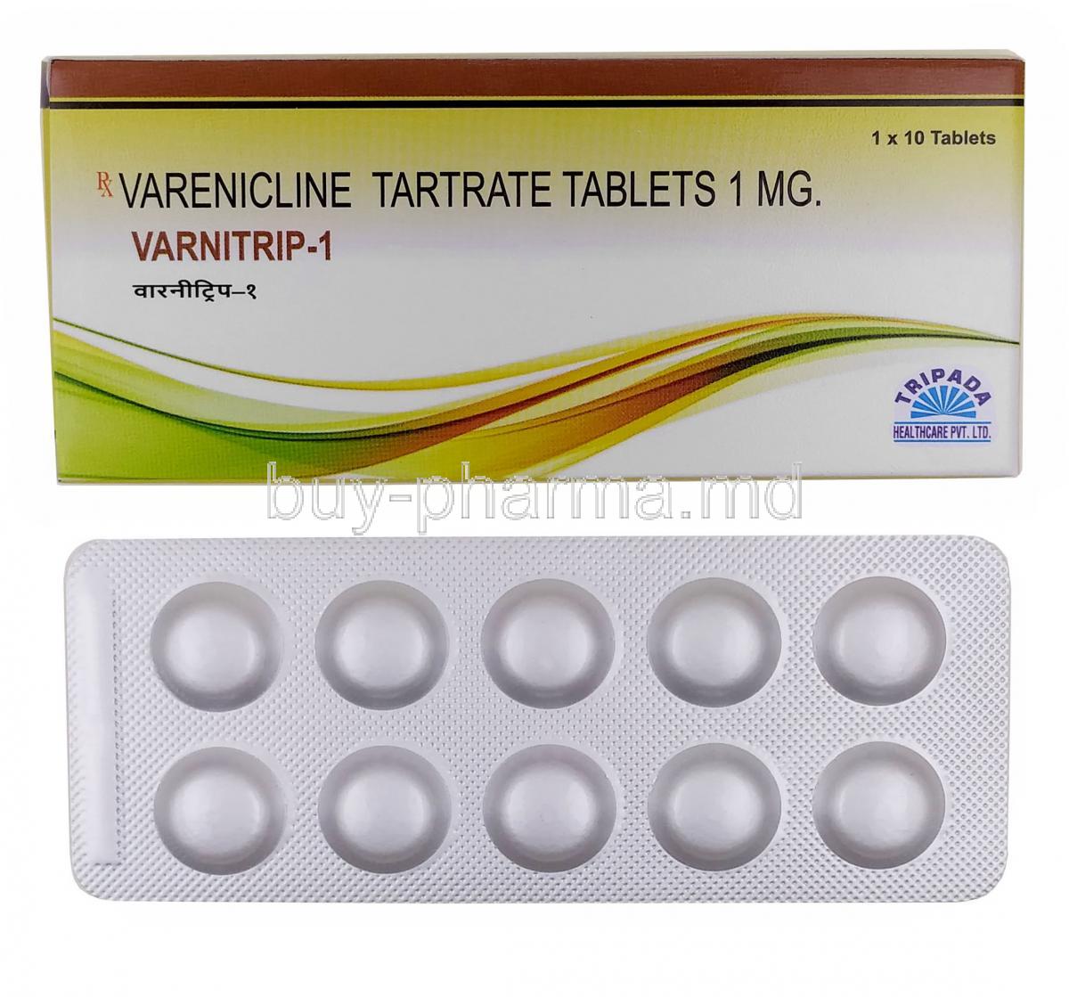 Varnitrip-1, Varenicline 1mg, Tripada Healthcare, Box, Blisterpack