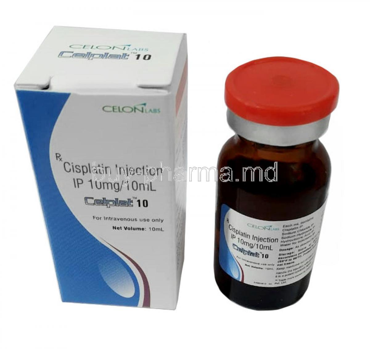 Celplat 10, Cisplatin 10 mg per 10mL, Injection 10mL, Celon, Box, Bottle