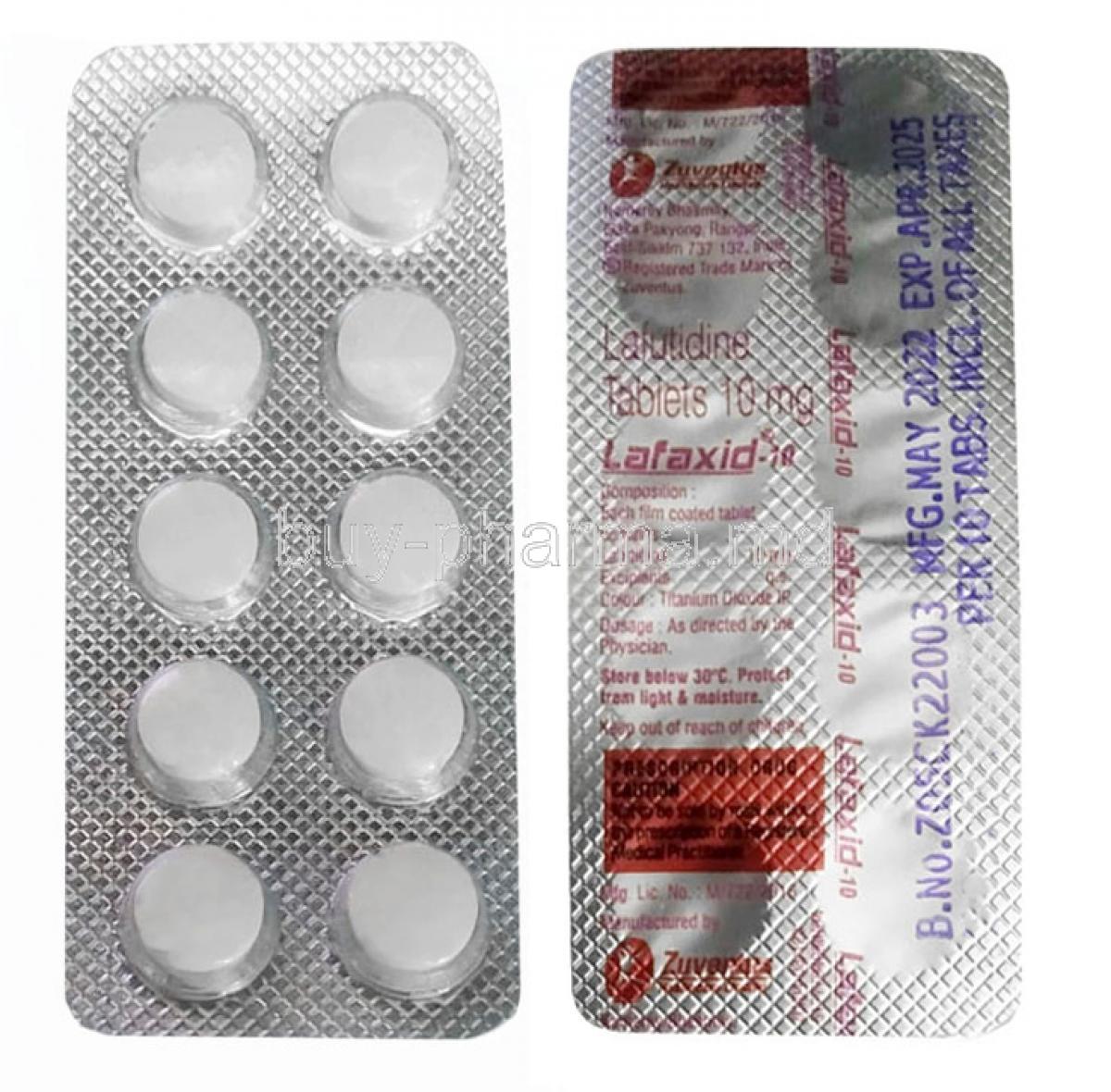 Lafaxid, Lafutidine 10mg, Zuventus Healthcare, Blisterpack front and back view