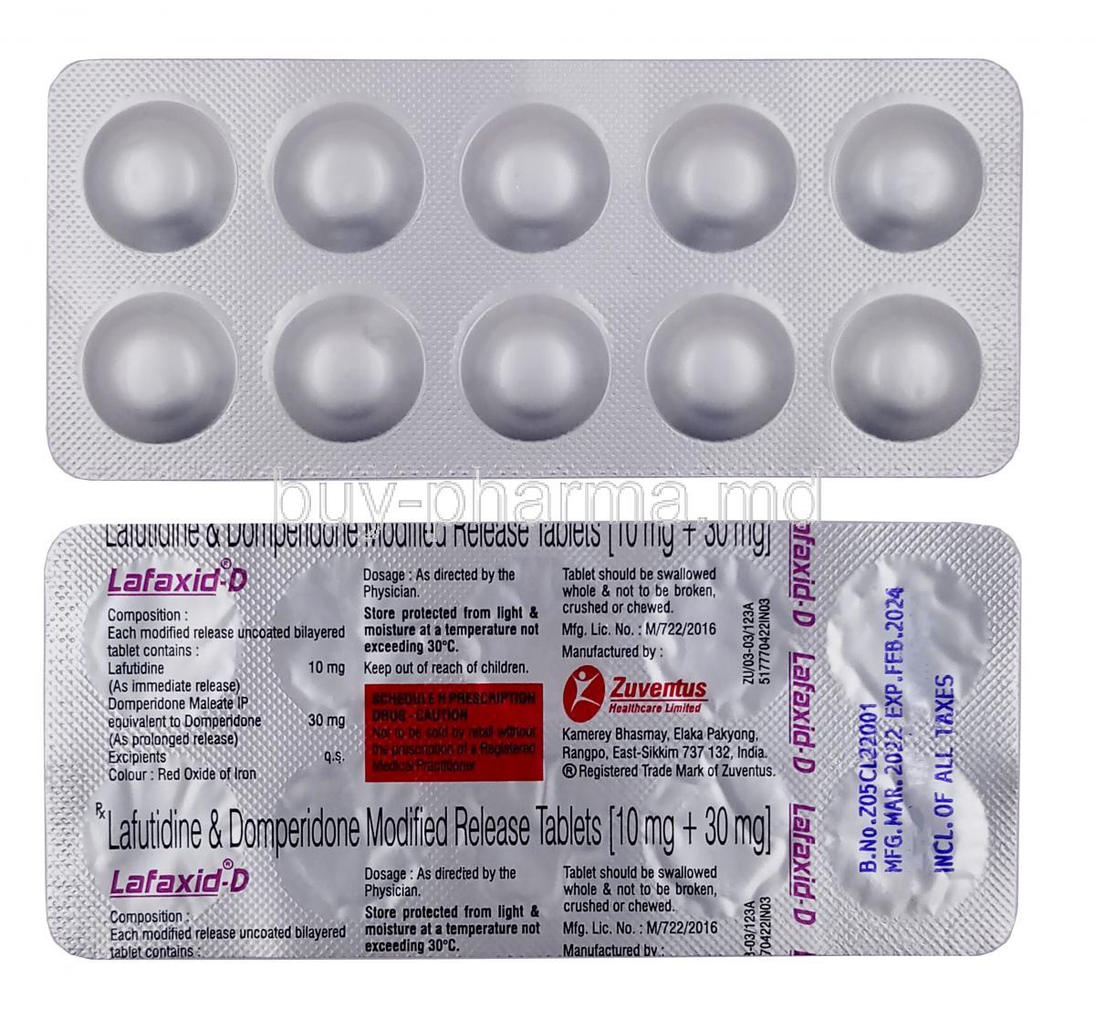 Lafaxid-D,Lafutidine 10mg/ Domperidone 20mg,Zuventus Healthcare, Blisterpack front and back view
