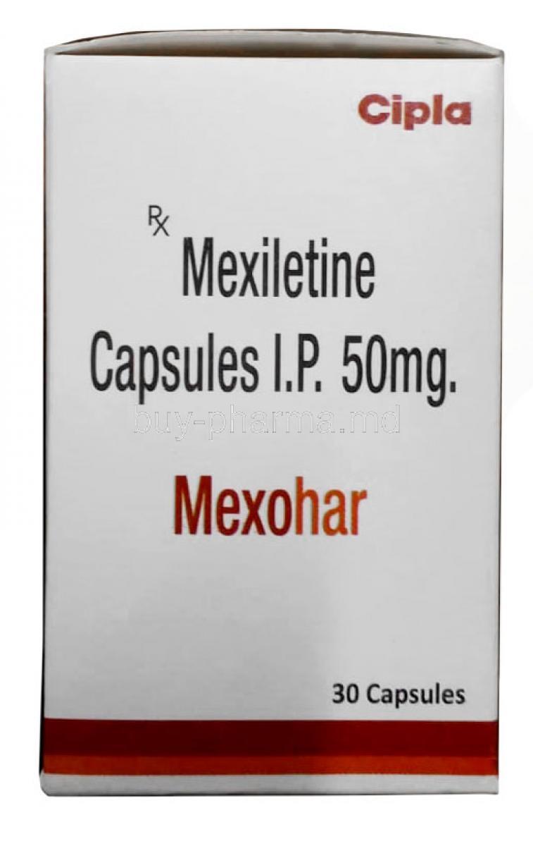 Mexohar, Mexiletine 50mg, 30 capsules, Cipla, Box front view