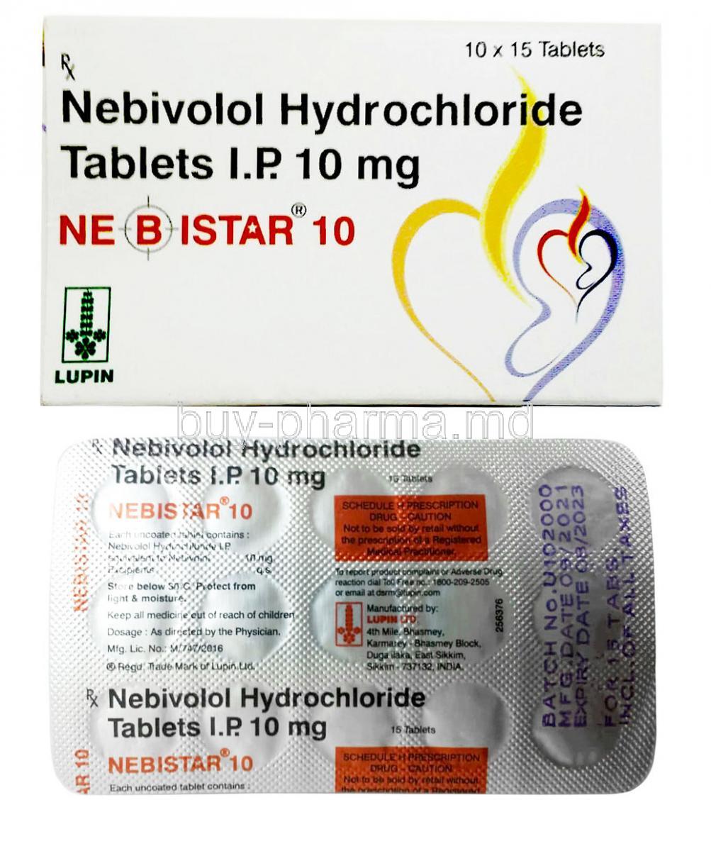 Nebistar 10, Nebivolol 10 mg, Lupin, Box front view, Blisterpack information
