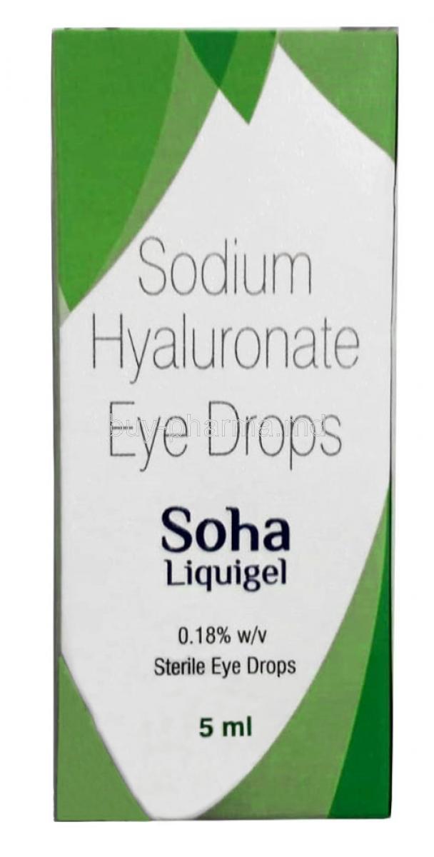 Soha Liquigel, Sodium Hyaluronate 0.18% wv, Eye Drops (Gel) 5mL, Sun pharma, Box front view