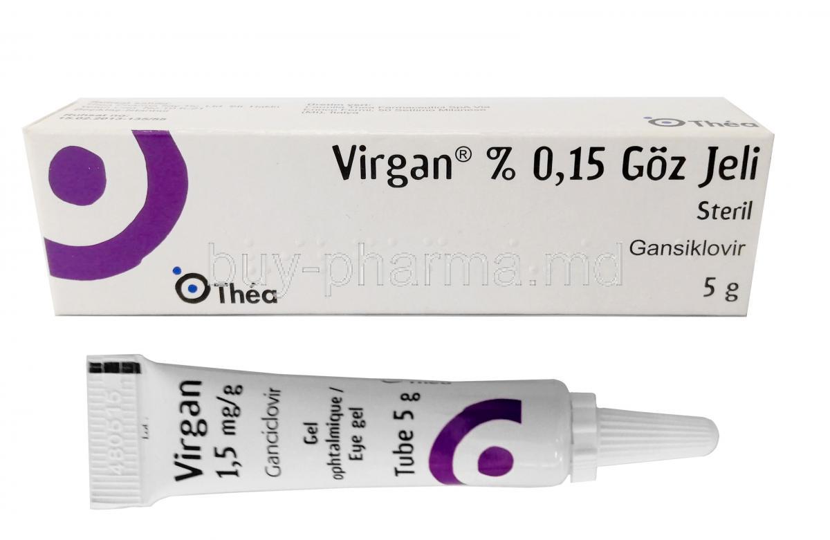 Virgan Ophthalmic Gel, Ganciclovir 0.15%, Eye Drops (Gel) 5g,Thea Pharmaceuticals Ltd, Box , Tube