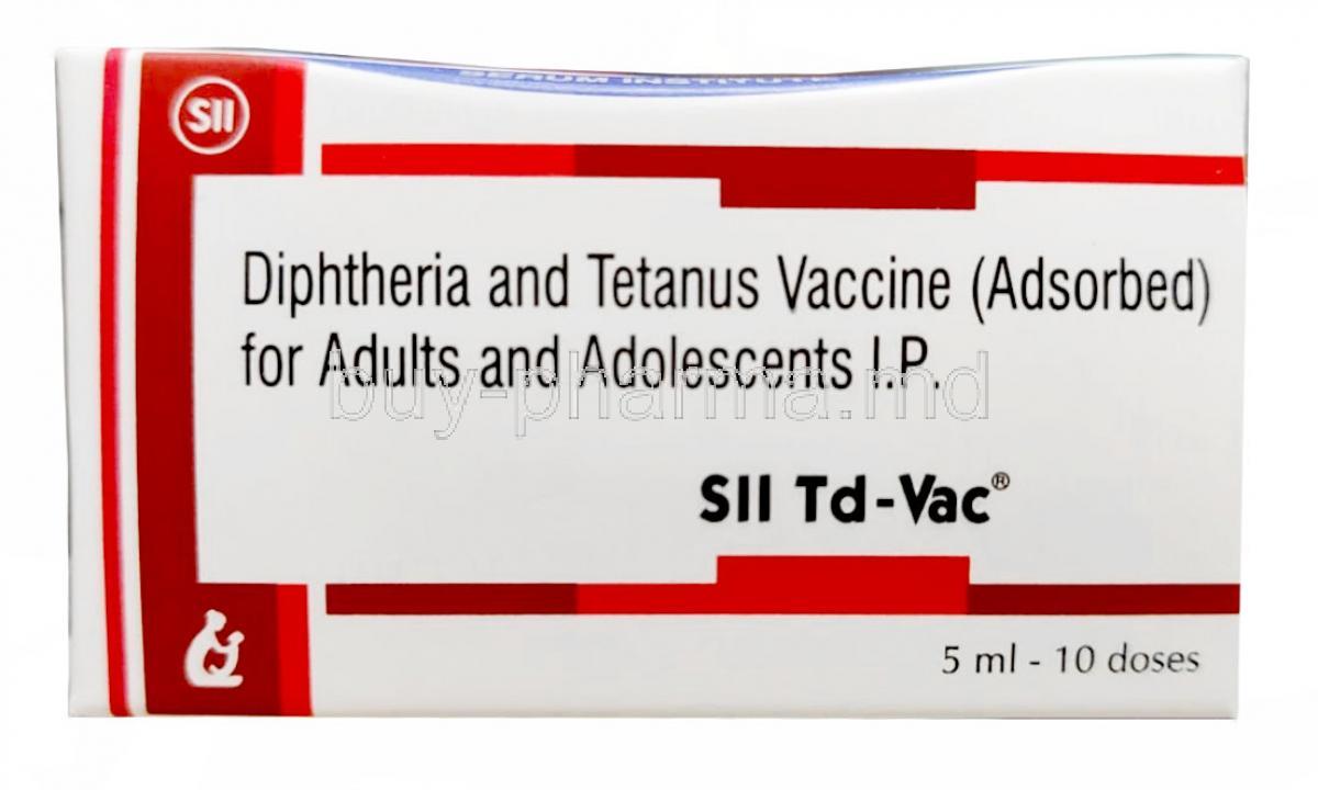 SII TD-Vac Vaccine, Diphtheria Toxoid (5LF)/ Tetanus Toxoid (5LF), Vial 5mL, Serum Institute Of India Ltd, Box front view