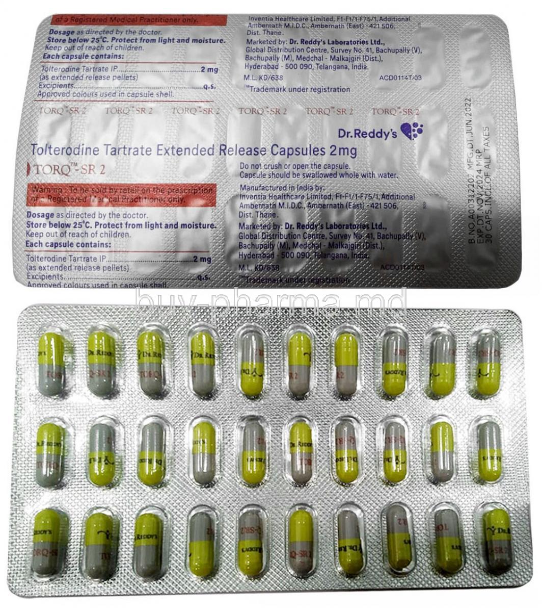 Torq-SR2, Tolterodine 2mg, 30capsules, Inventia Healthcare Pvt Ltd (Dr Reddy's), Blisterpack front and back view