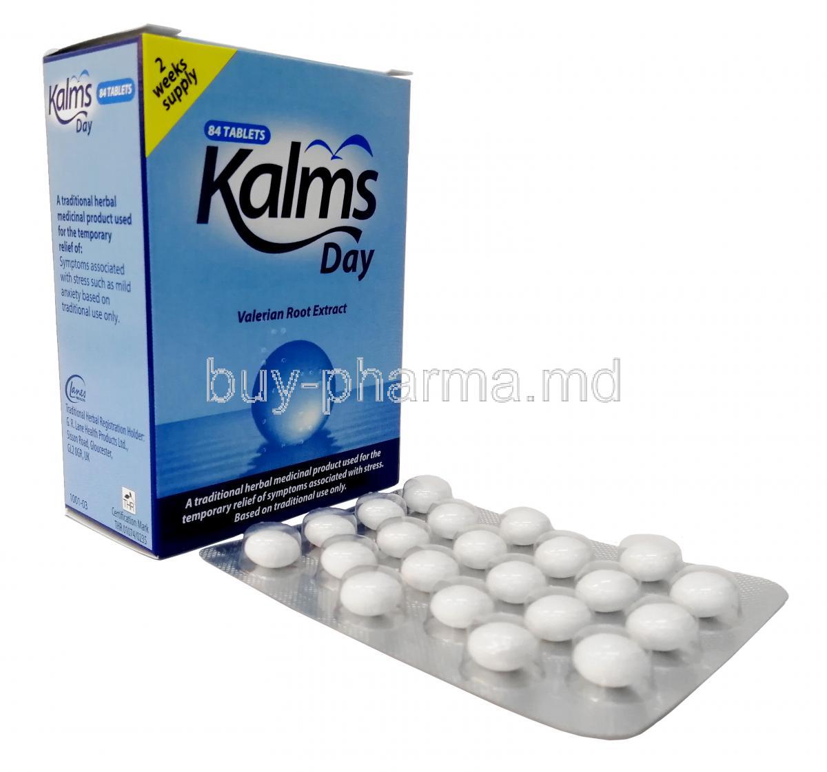 Kalms Day,Valerian Root Extract 33.75mg, G R Lanes, Box front view, blisterpack