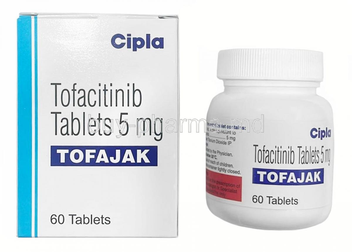 Tofajak, Tofacitinib 5mg, 60 tablets, Cipla Ltd, Box, Bottle