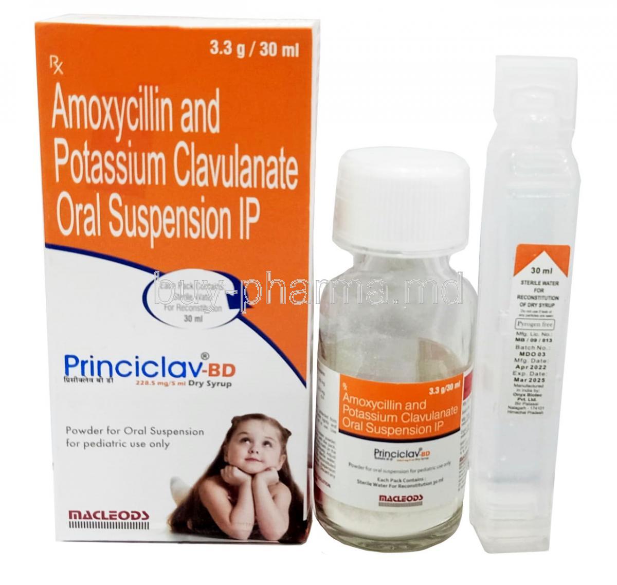 Princiclav-BD Dry Syrup,Amoxycillin 200 mg / Clavulanic Acid 28.5 mg, Dry Syrup 30mL, Macleods Pharmaceuticals Pvt Ltd, Box, Bottle, Spoit