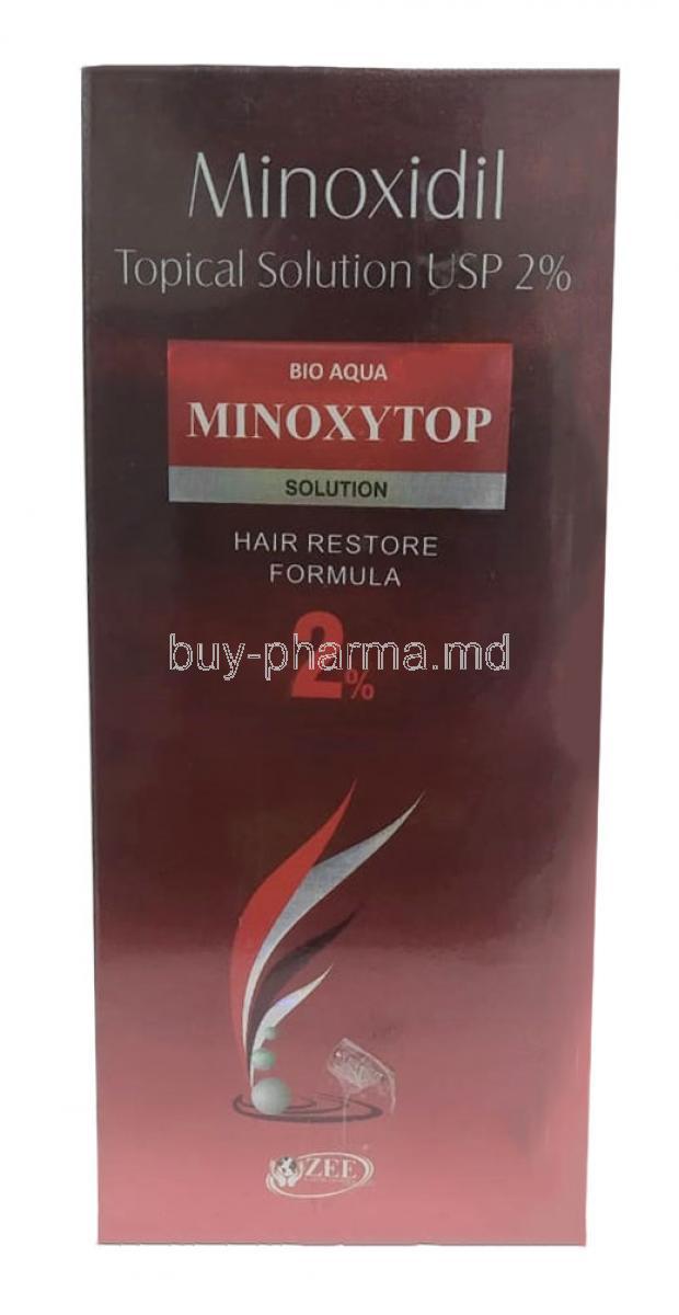 Minoxytop Solution, Minoxidil 2%, Topical Solution 60mL,Zee Laboratories, Box front view