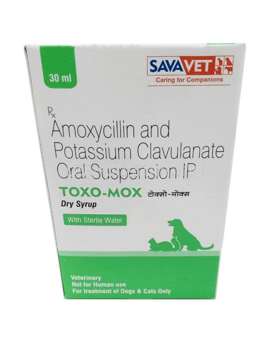 Toxo- Mox Dry Syrup, Amoxycillin 200 mg/ Clavulanic Acid 28.5 mg, Dry Syrup 30mL, Sava Vet, Box front view