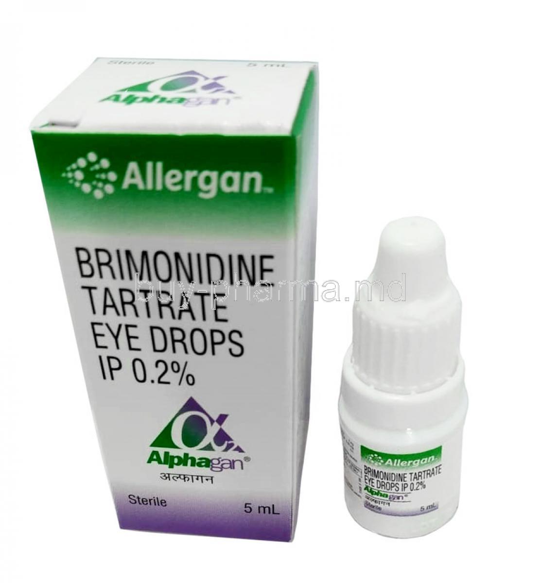 Alphagan Eye Drop, Brimonidine 0.2% w/v, Eye Drops 5mL, Allergan India Pvt Ltd, Box, Bottle