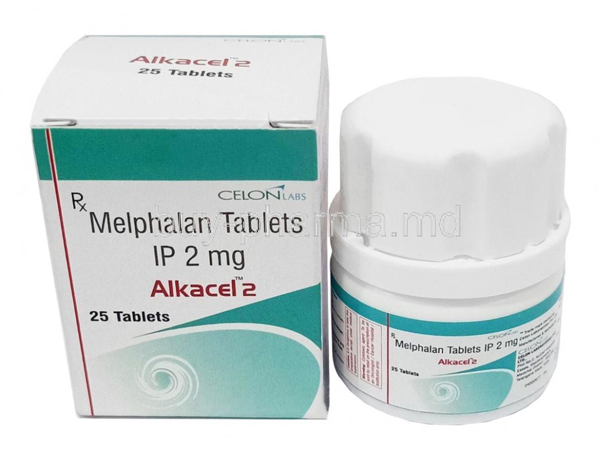 Alkacel, Melphalan 2mg, 25 Tablets, Celon Laboratories Ltd, Box, Bottle