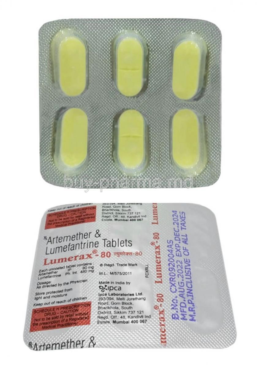Lumerax 80, Artemether 80mg/ Lumefantrine 480mg,Tablet, Ipca Laboratories, Blisterpack front view, back view