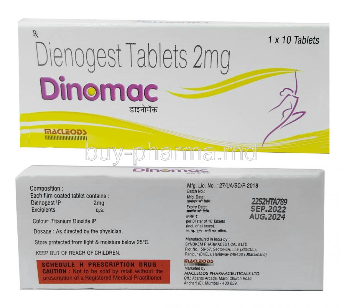Dinomac, Dienogest 2mg,Tablet,Macleods Pharmaceuticals Pvt Ltd, Box front view, Back view