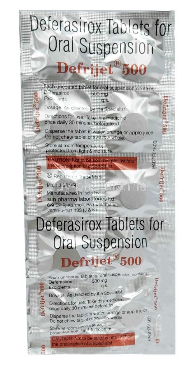 Defrijet 500, Deferasirox 500mg, Sun Pharma,Blisterpack information