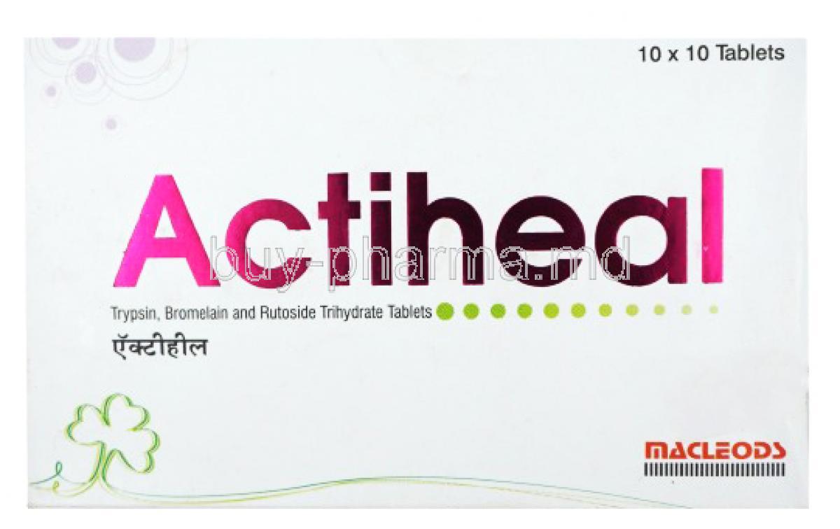 Actiheal, Bromelain 90 mg / Trypsin 48 mg / Rutoside 100 mg, Macleods Pharmaceuticals Pvt Ltd, box front presentation