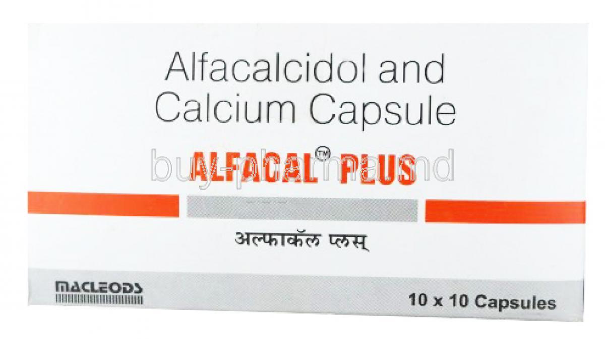 Alfacal Plus, Alfacalcidol 0.25mcg/ Calcium 200mg, Capsule, Macleods Pharmaceuticals Pvt Ltd, box front presentation
