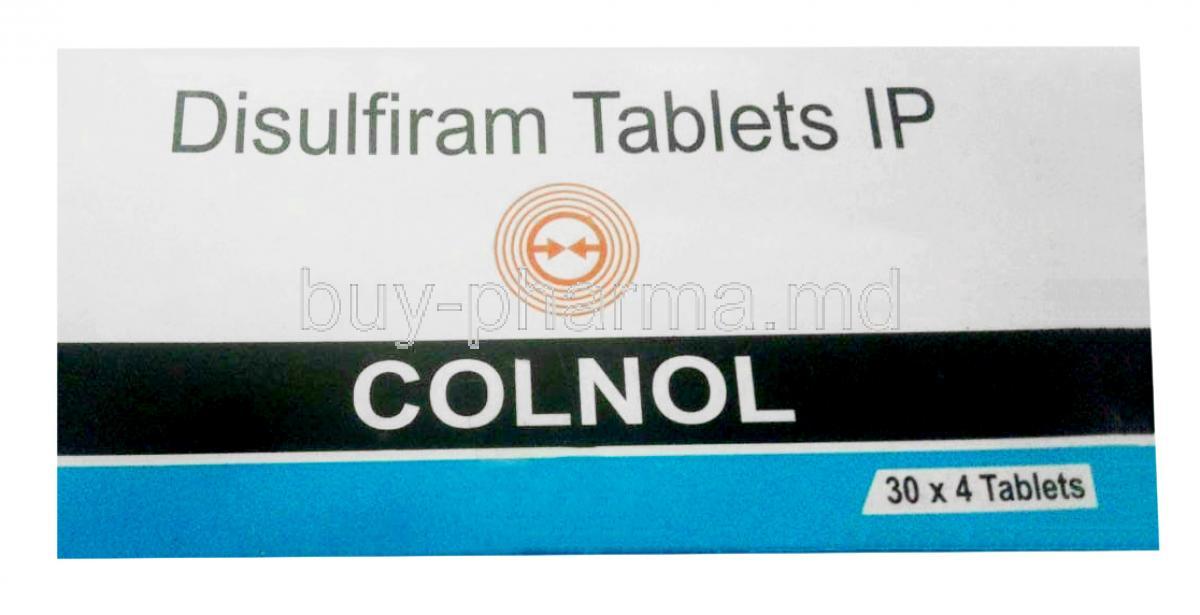 Colnol,Disulfiram 500mg, 8tablets, Medoz Pharmaceuticals, Box front view