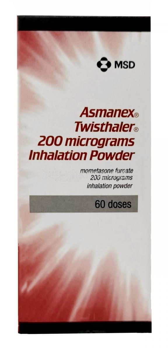 Asmanex Twisthaler, Mometasone Furoate 200 mcg, Inhaler (Twisthaler) 60 MD,MSD, Box front view