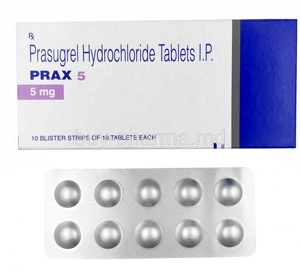Prax 5, Prasugrel 5mg, Torrent Pharma, Box, Blisterpack