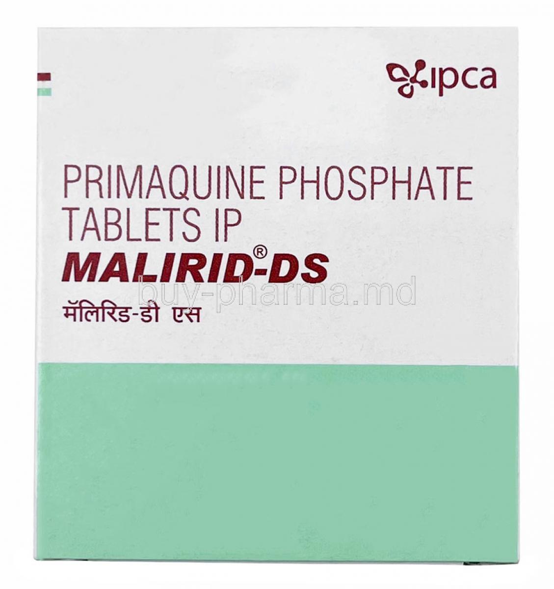Malirid DS, Primaquine 15 mg, Ipca Lab, Box front view