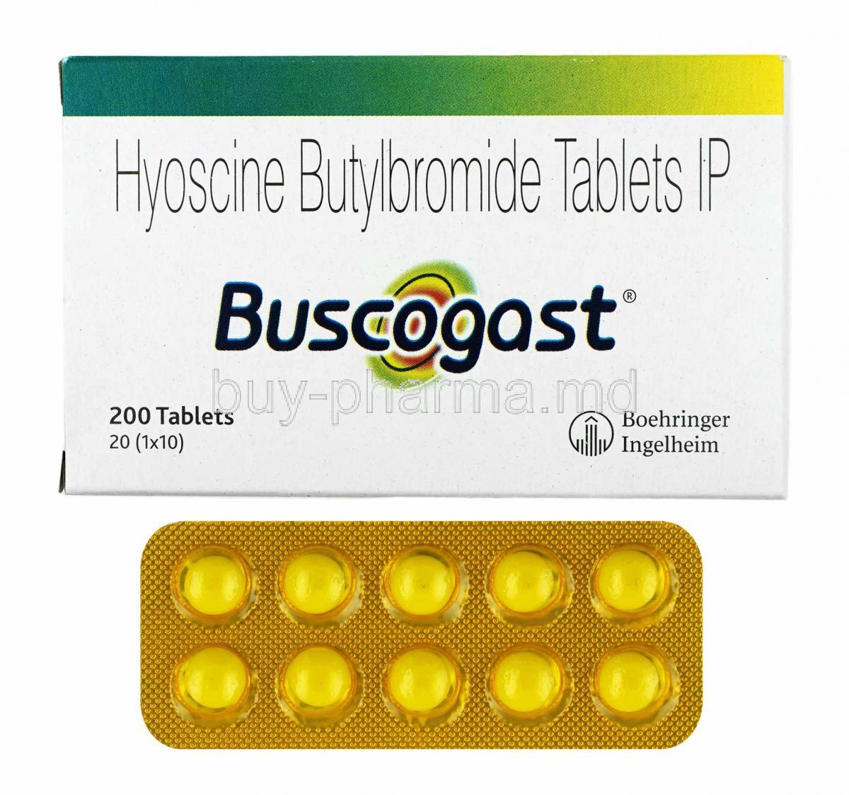 Buscogast Hyoscine butylbromide box and tablets