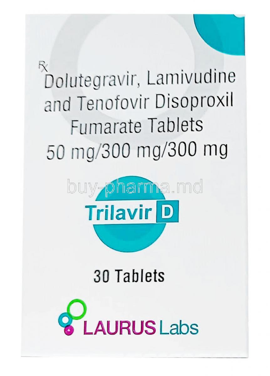 Trilavir D, Dolutegravir 50 mg/ Lamivudine 300mg/ Tenofovir 300mg, 30tablets, Laurus Labs, Box front view