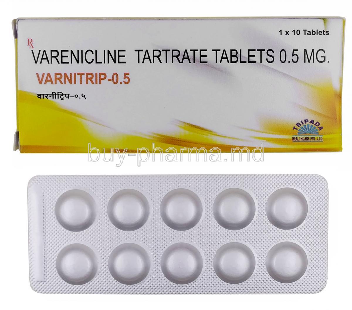 Varnitrip-0.5, Varenicline 0.5mg, Tripada Healthcare, Box, Blisterpack