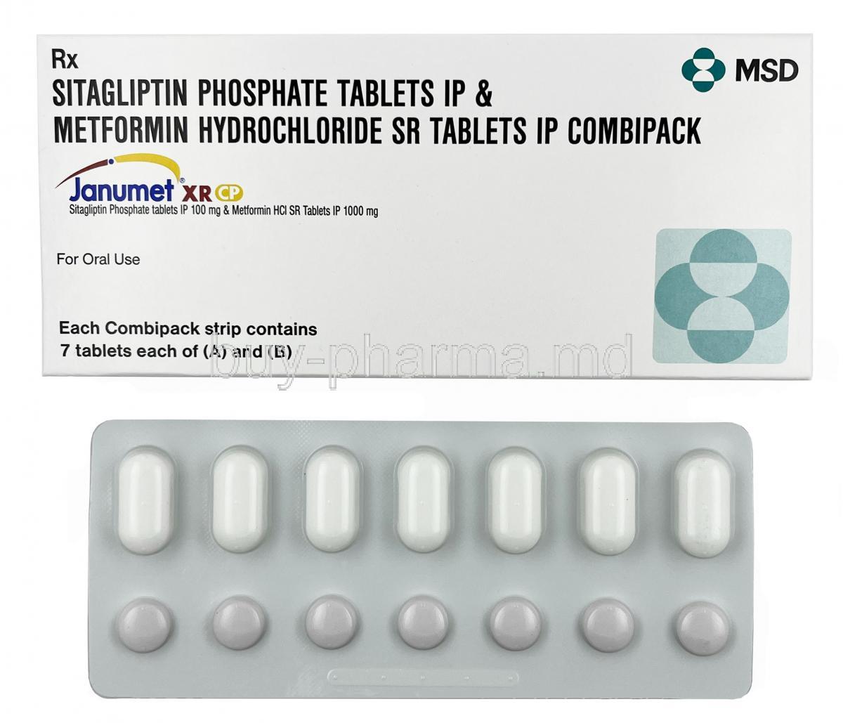 Janumet XR CP, Sitagliptin 100 mg x 7 tablets, Metformin 1000 mg x 7 tablets (Combipack), MSD, Box, Blisterpack
