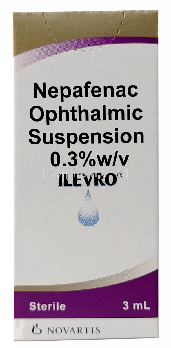 Ilevro Opthalmic Suspension, Nepafenac 0.3% wv, Opthalmic Suspension(Eyedrop) 3mL, Novartis India Ltd, Box front view