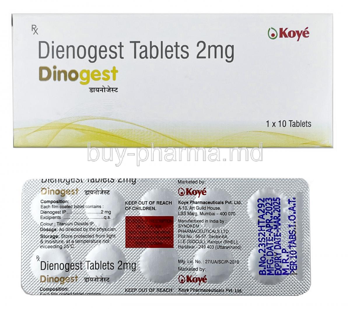 Dinogest, Dienogest 2mg, Koye Pharmaceutical, Box, Blisterpack