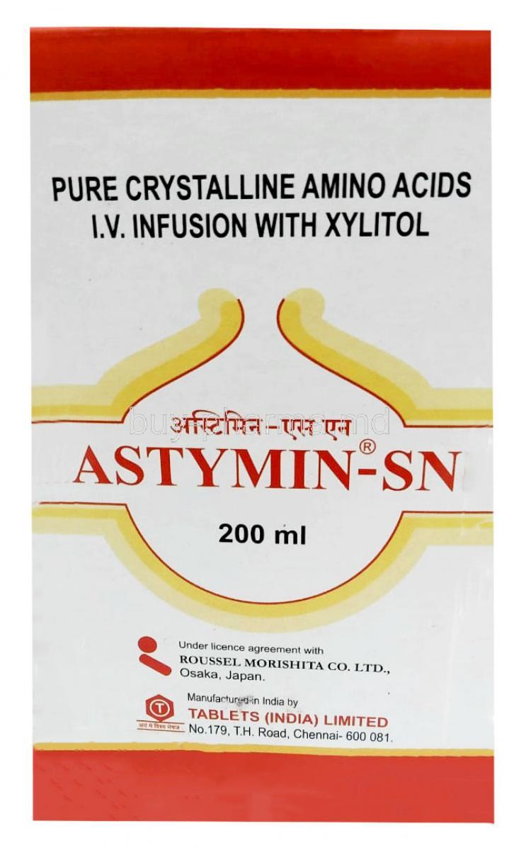 Astymin-SN Infusion, L-Leucine 5.6 mg/ L-Isoleucine 12.5 mg, Infusion 200mL, Tablets India Limited, Box front view