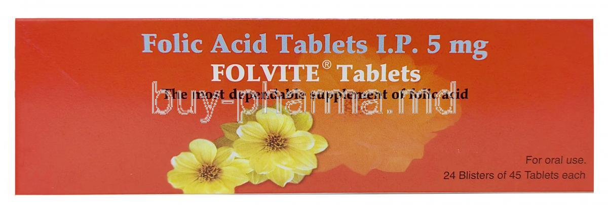 Folvite, Folic Acid 5mg, 45tablets, Pfizer India, Box front view