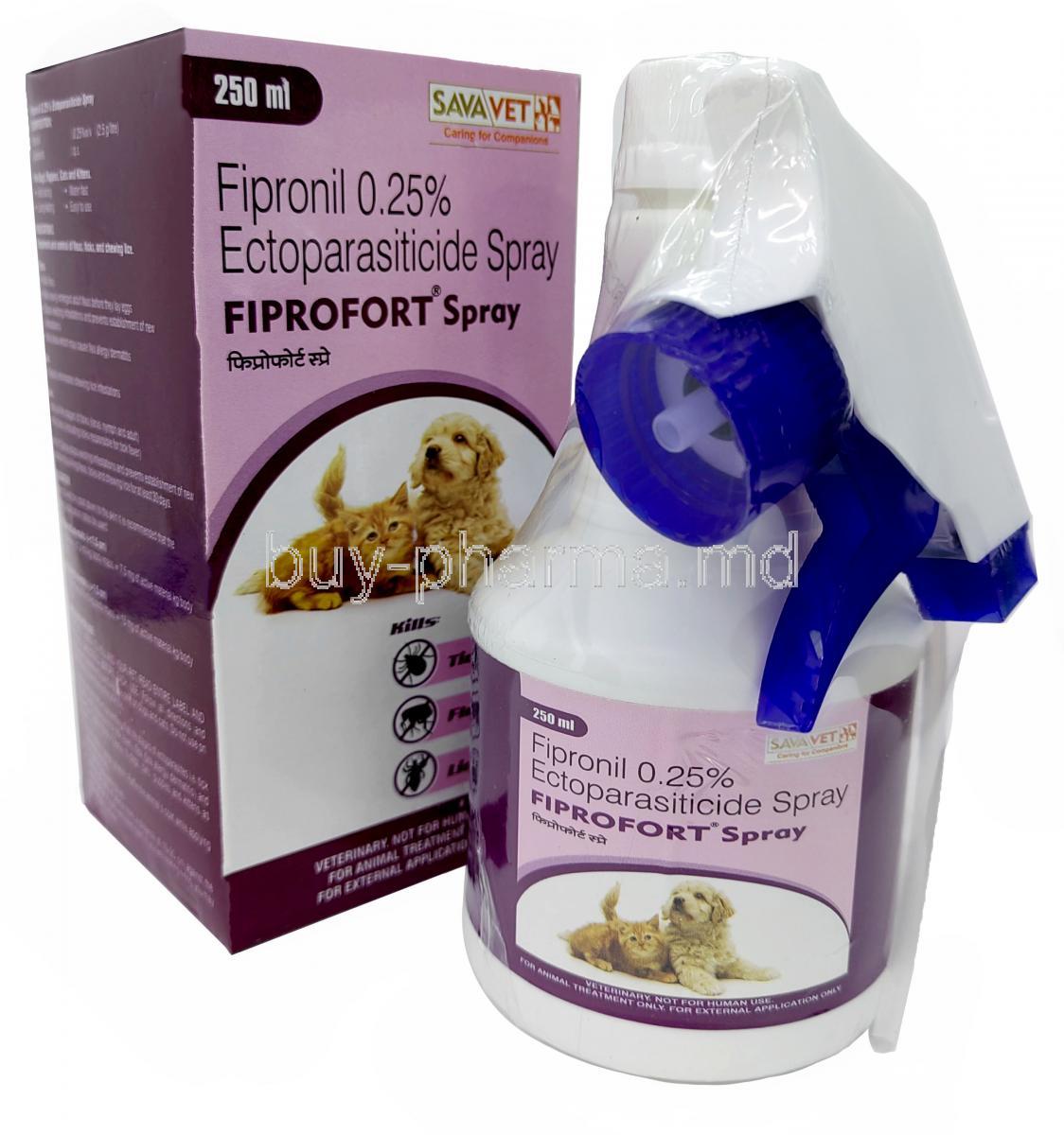 Fiprofort Spray, Fipronil 0.25%w/v, Spray 250mL, SAVA Healthcare, Box, Bottle
