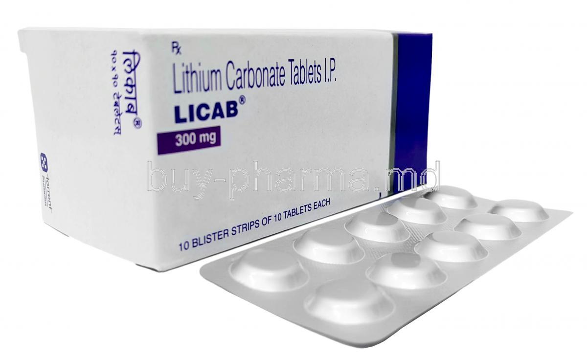 Licab, Lithium Carbonate 300 mg,Torrent Pharma, Box, Blisterpack