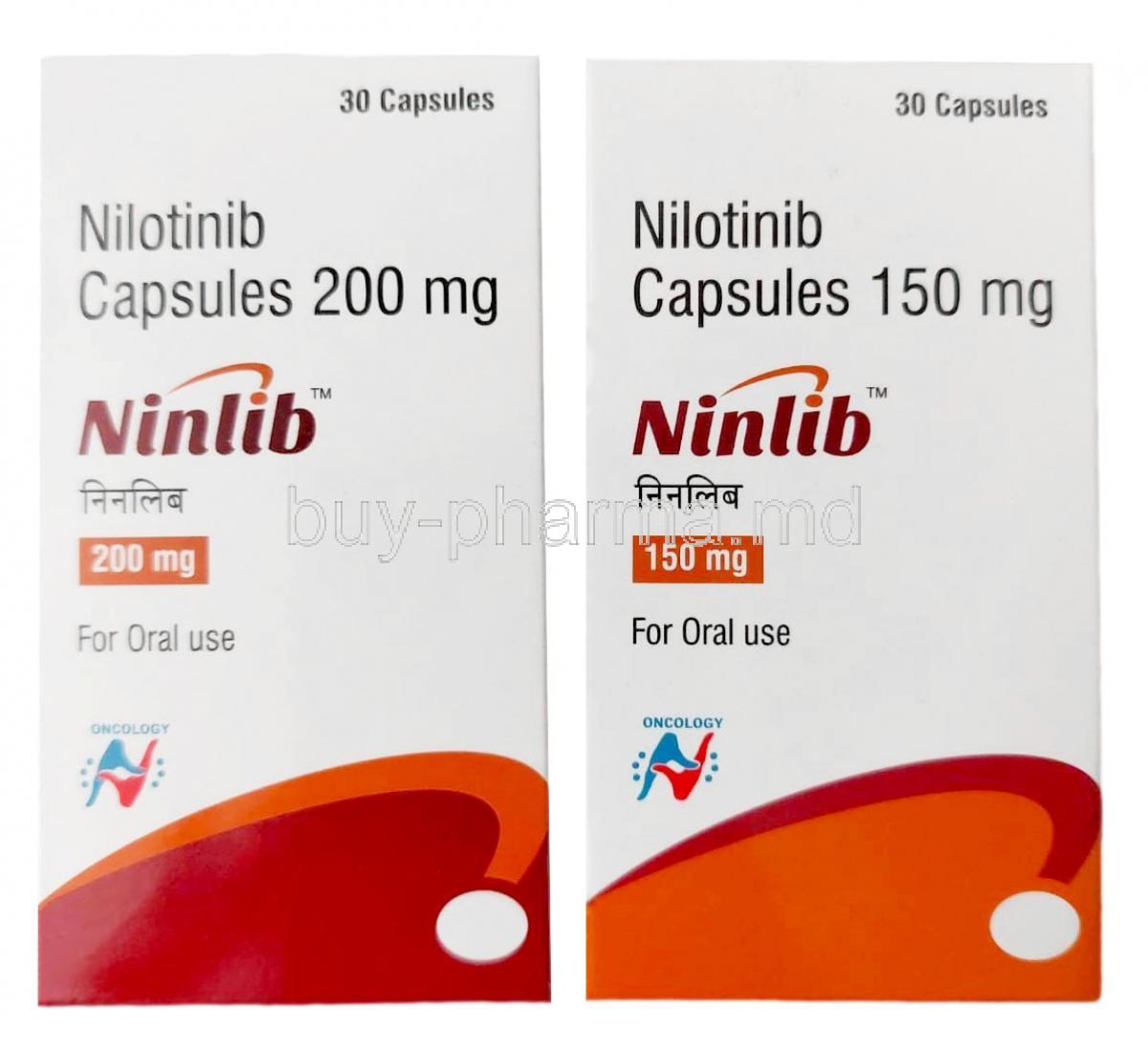 Ninlib, Nilotinib 150mg, 200mg, 30capsules, Hetero Healthcare Ltd, Box front view