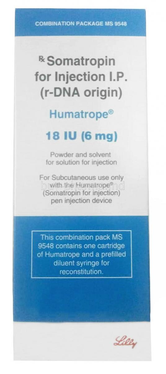 Humatrope Injection, Somatropin 18IU(6mg),Injection vial, Eli Lilly India,Box front view