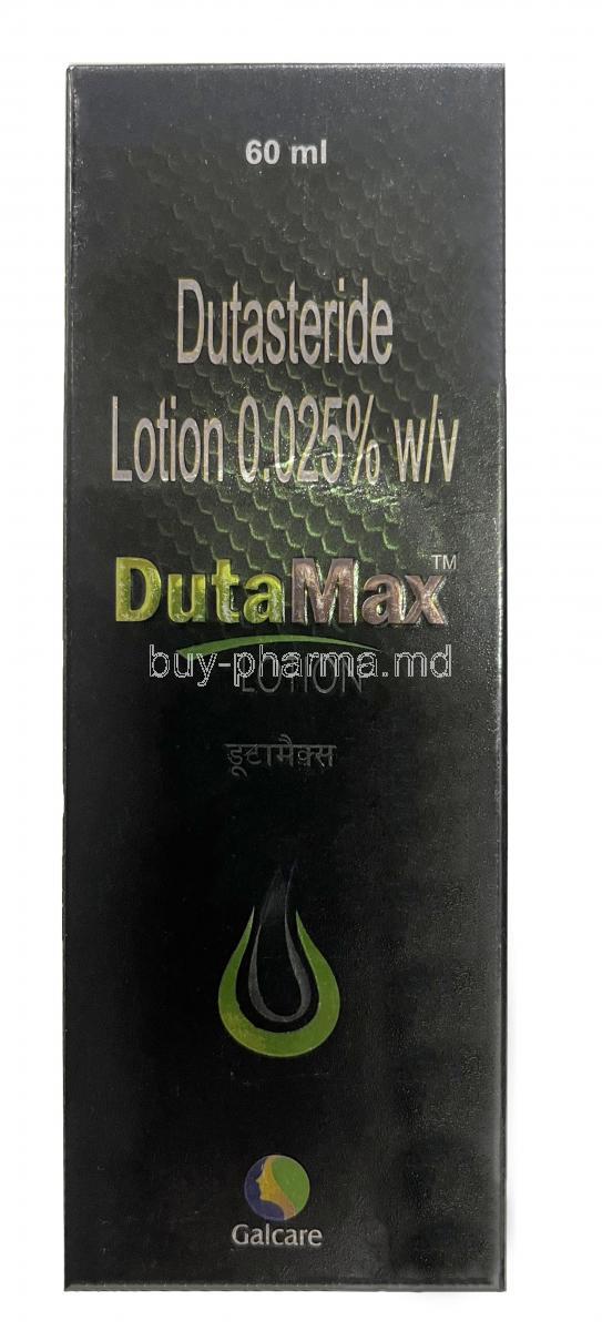Dutamax Lotion, Dutasteride 0.025%, Lotion 60mL,Galcare Pharmaceutical Pvt Ltd, Box front view