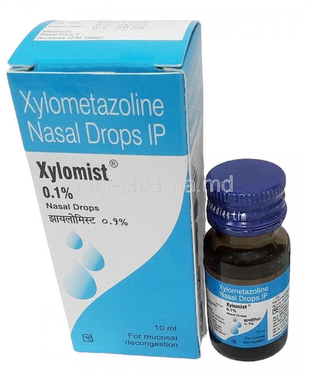 Xylomist Nasal Drops, Xylometazoline 0.1%, Nasal Drops 10mL,Zydus Cadila, Box, Bottle