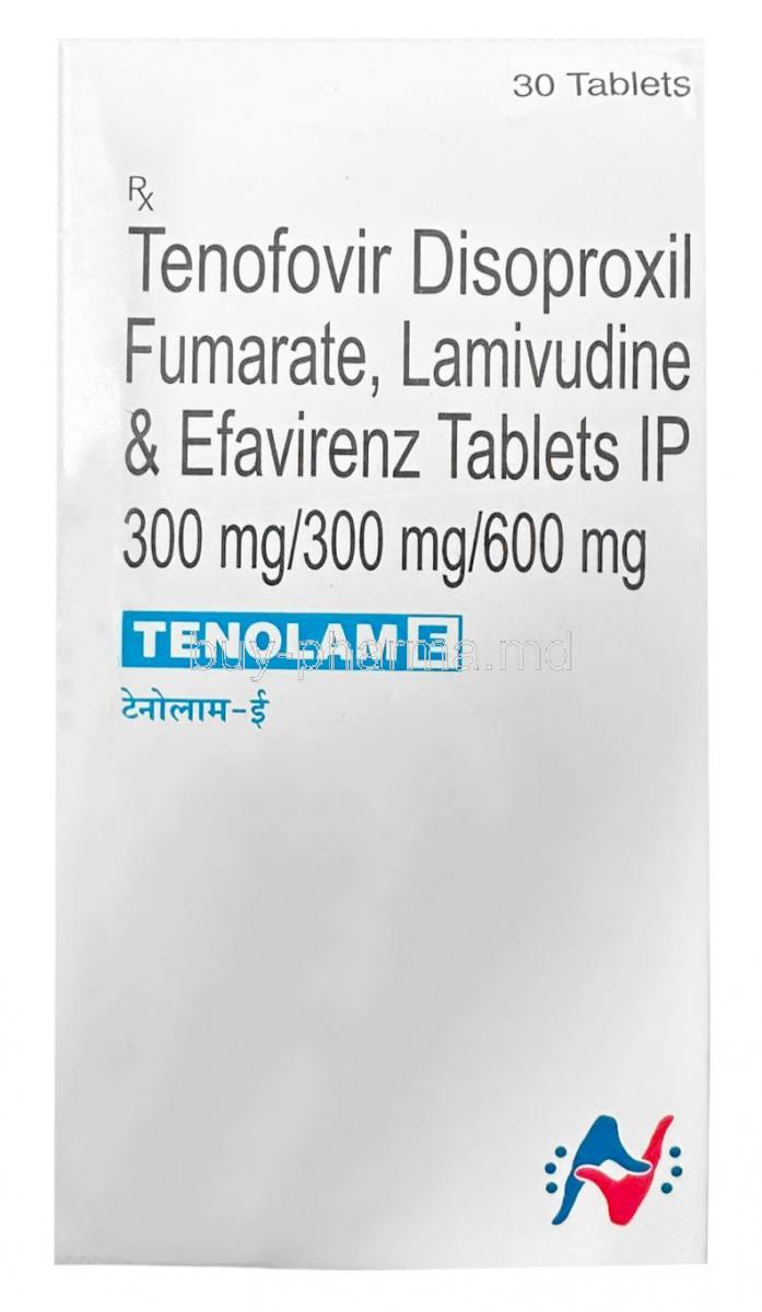 Tenolam E, Tenofovir 300 mg / Lamivudine 300 mg / Efavirenz 600 mg,30tablets,Hetero Drugs Ltd, Box front view
