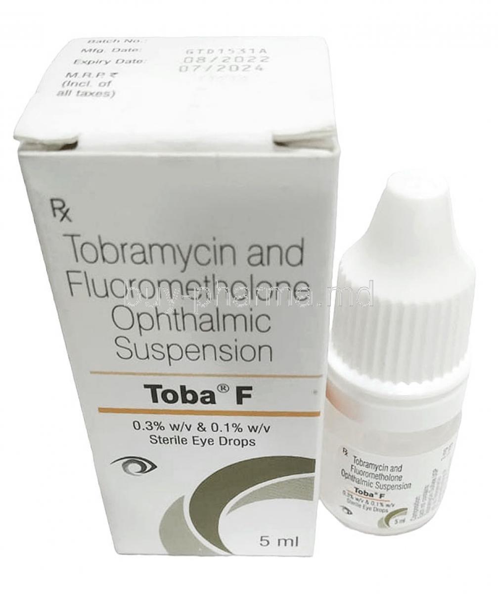 Toba F Eye Drop, Tobramycin 0.3% wv / Fluorometholone 0.1% wv,Eye Drop 5mL,Sun Pharmaceutical Industries, Box, Bottle