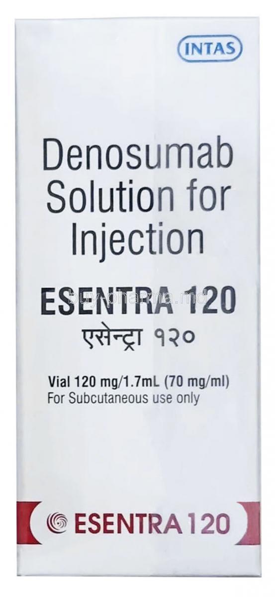Esentra Injection, Denosumab 120mg, Injection vial 1.7mL, Intas Pharma, Box front view