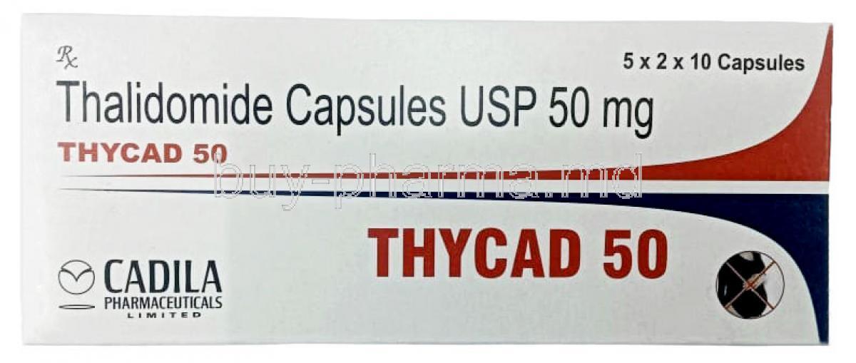 Thycad, Thalidomide 50 mg, Cadila Pharmaceuticals, Box front view
