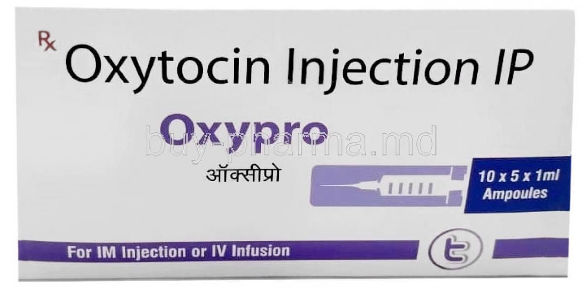 Oxypro Injection, Oxytocin 5 IU, 5 x 1mL Injection ampoule, Themis Pharmaceuticals, Box front view