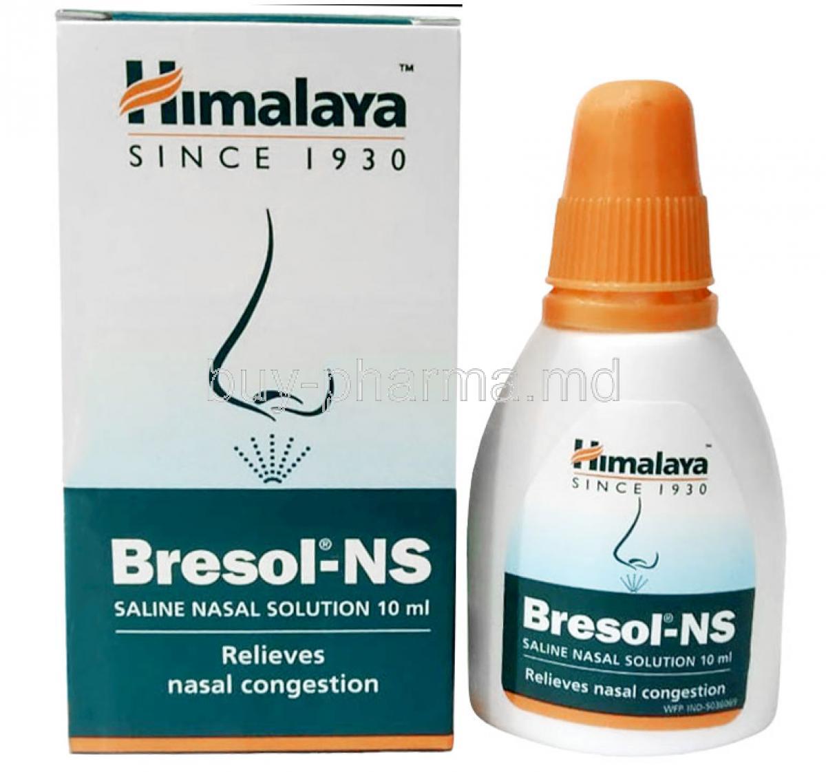 Himalaya Bresol NS Nasal Solution, Ayurvedic herbs (Parnayavarnl,  Tailaparna, Yashtimadhu), Nassal Solution 10mL, Himalaya, Box, Bottle