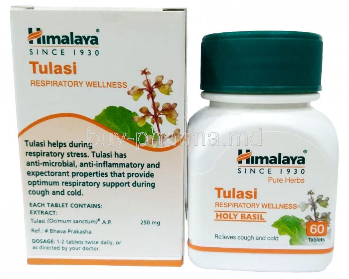 Himalaya Tulasi Respiratory Wellness, Tulasi Extract ( Ocimum Sanctum) 250mg, 60 tablets, Himaraya, Box, Bottle